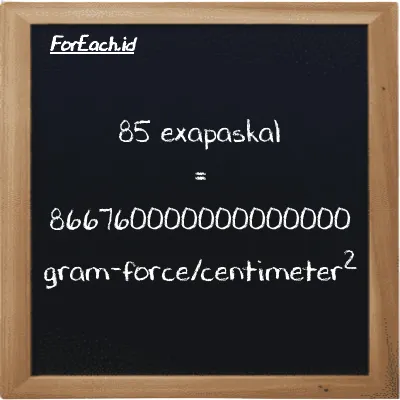 85 exapaskal setara dengan 866760000000000000 gram-force/centimeter<sup>2</sup> (85 EPa setara dengan 866760000000000000 gf/cm<sup>2</sup>)